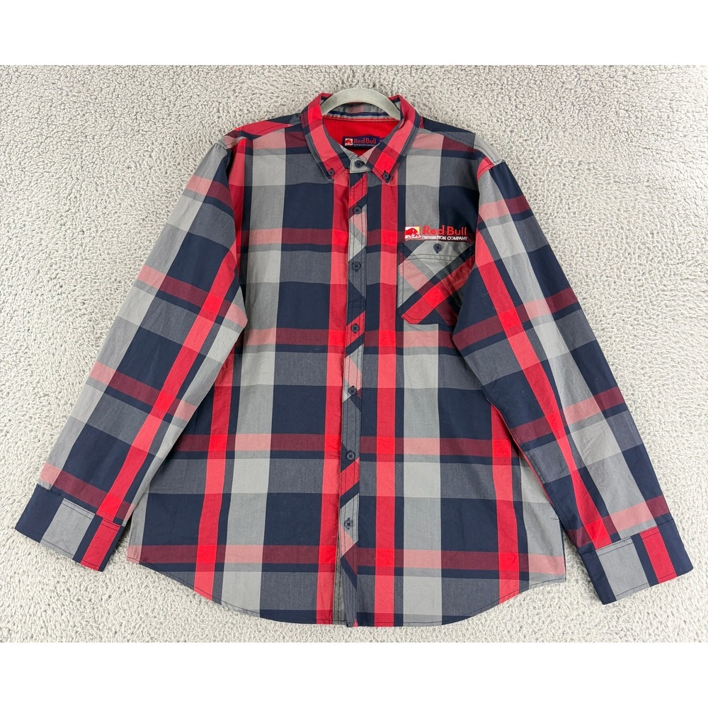 Red Bull Distribution Company Shirt Mens 1XL Red Plaid‎ Snap Button Long Sleeve